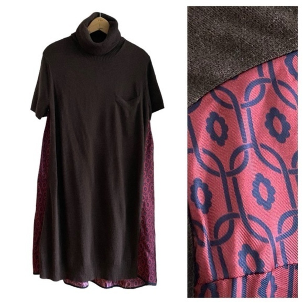 Hache Brown Cashmere Wool Blend Turtle Neck Sweater Satin Panel Dress 8